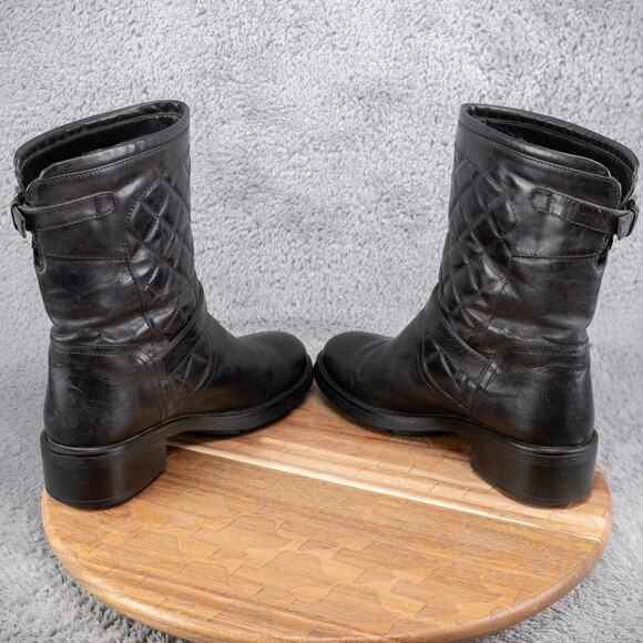 $500 AQUATALIA MADE ITALY 8.5 SOFT BLACK LEATHER Boots QUILTED BUCKLE BIKER - Picture 5 of 8
